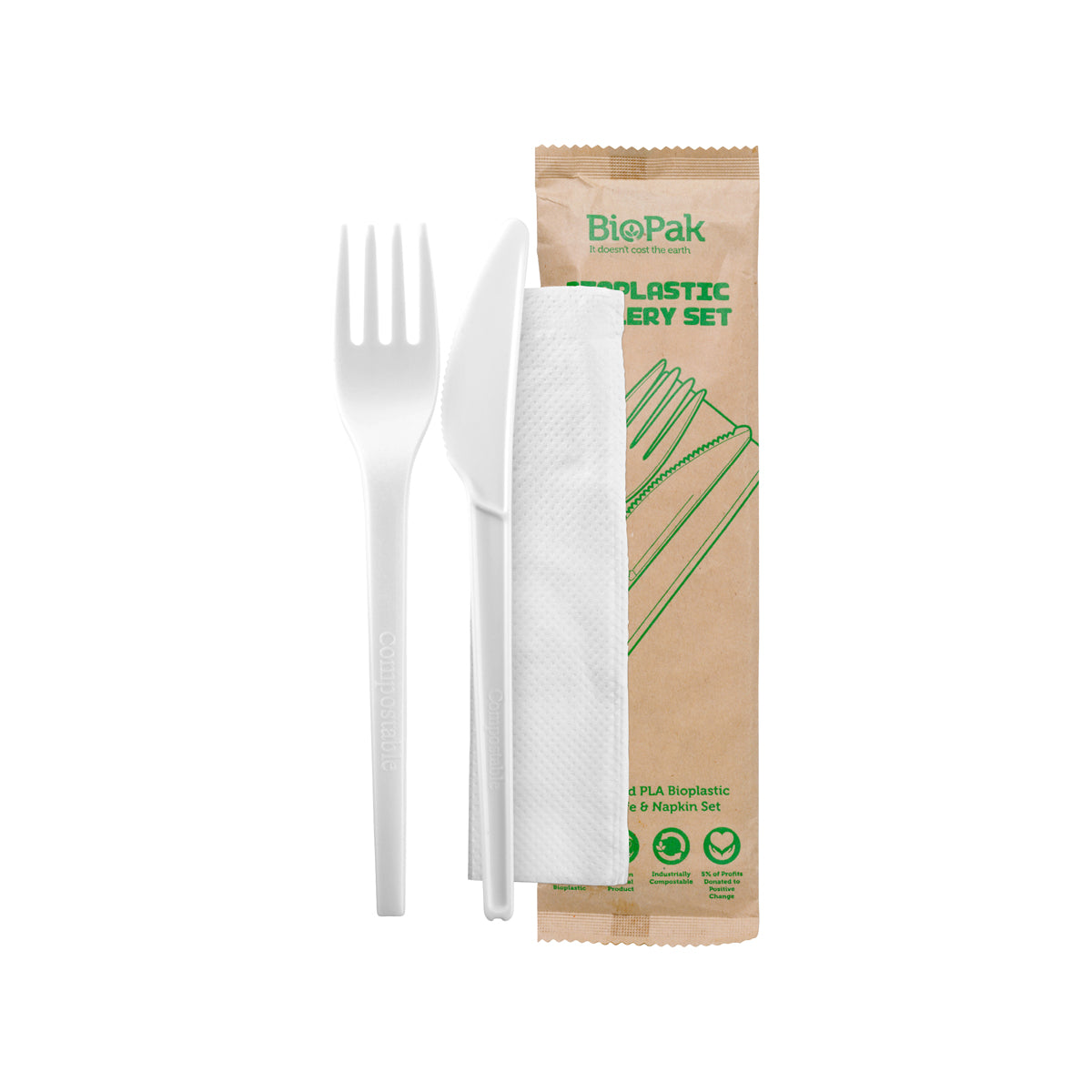 GD-6.5AKFN-B BioPak CPLA BioPlastic Fork, Knife & Napkin Set 165mm Native Wholesale Hospitality Supplies Canberra