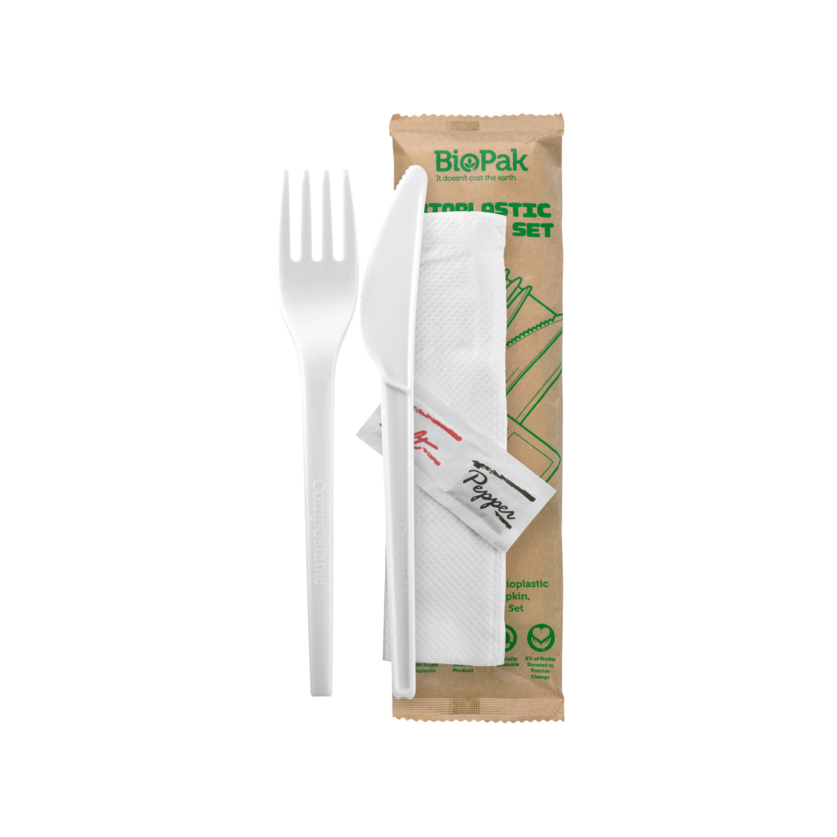 GD-6.5AKFNSP-B BioPak CPLA BioPlastic Fork, Knife, Napkin, Salt & Pepper Set 165mm Native Wholesale Hospitality Supplies Canberra