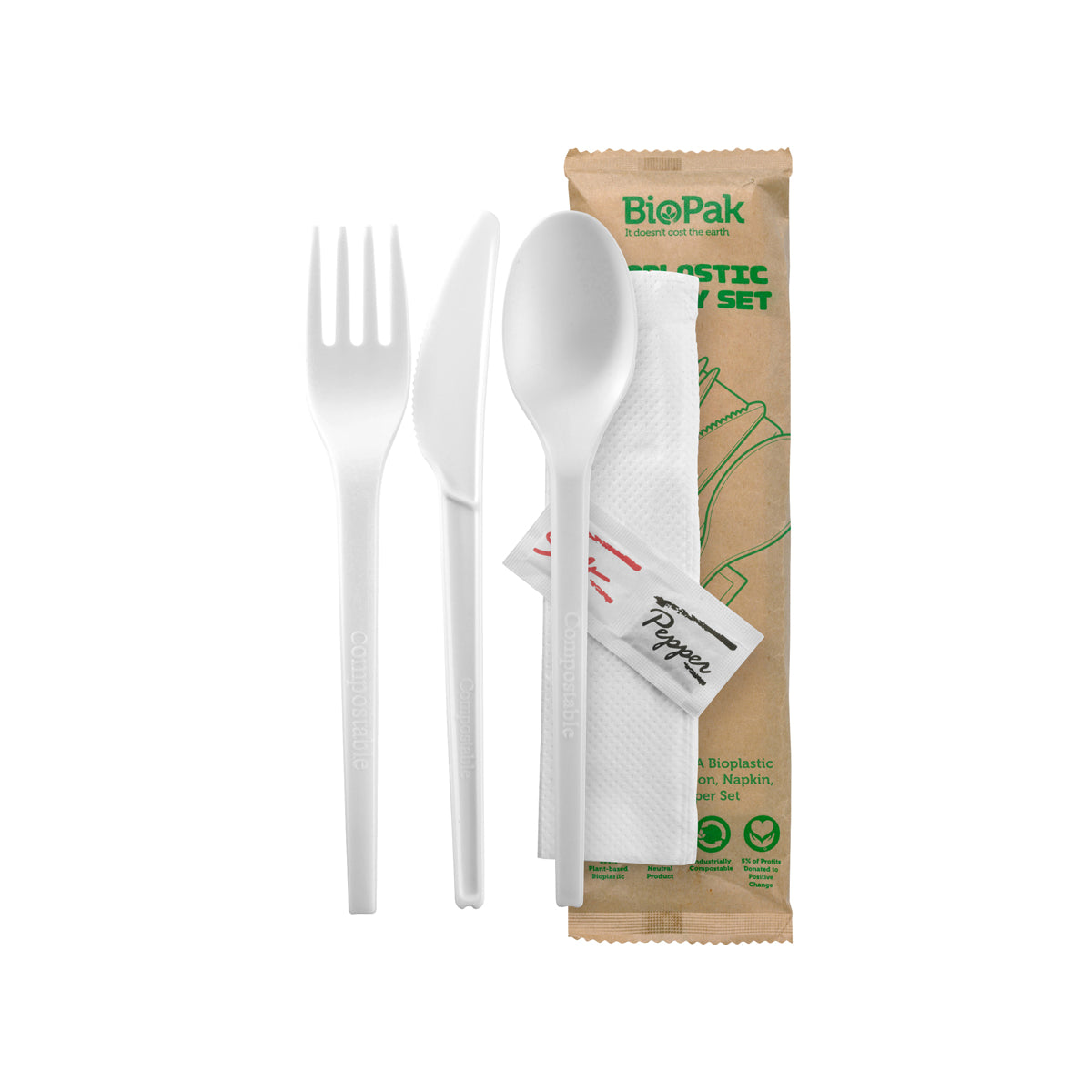 GD-6.5AKFSNSP-B BioPak CPLA BioPlastic Fork, Knife, Spoon, Napkin, Salt & Pepper Set 165mm Native Wholesale Hospitality Supplies Canberra