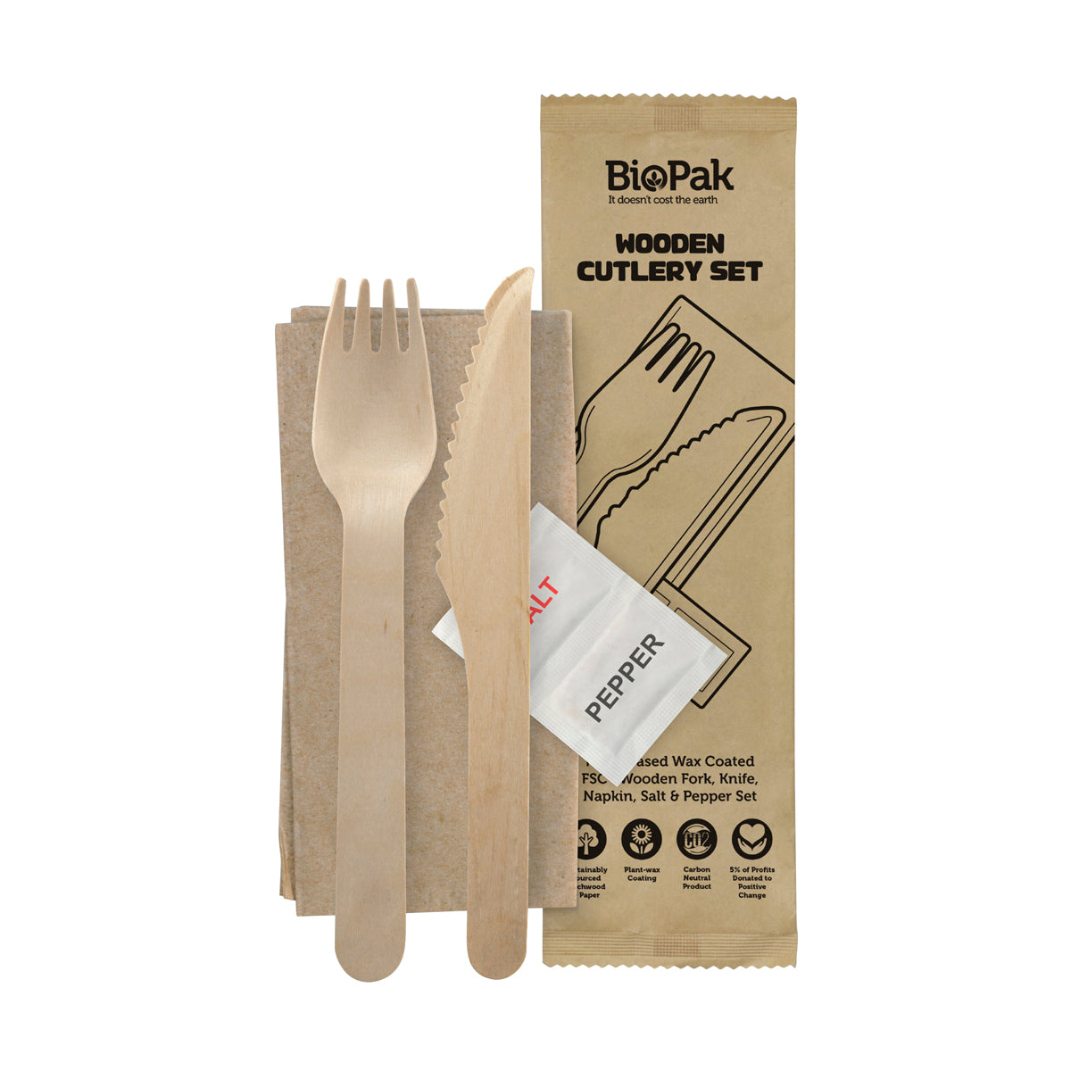 HY-16KFNSP-COATED BioPak Coated FSC Wooden Fork, Knife, Napkin, Salt & Pepper Set 160mm Native Wholesale Hospitality Supplies Canberra