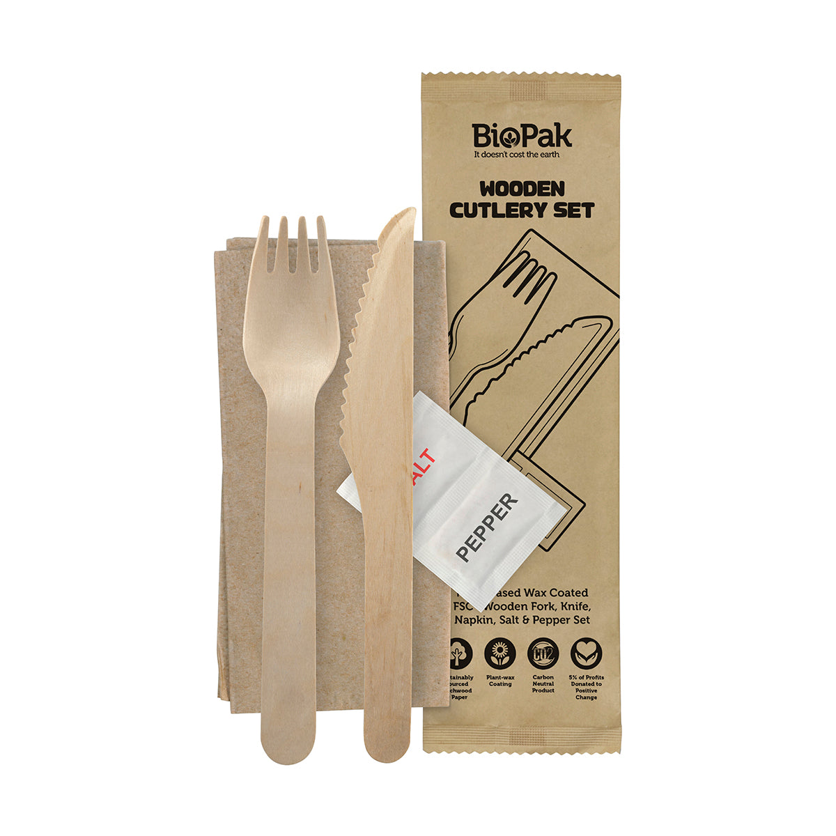HY-16KFNSP BioPak FSC Wooden Fork, Knife, Napkin, Salt & Pepper Set 160mm Native Wholesale Hospitality Supplies Canberra