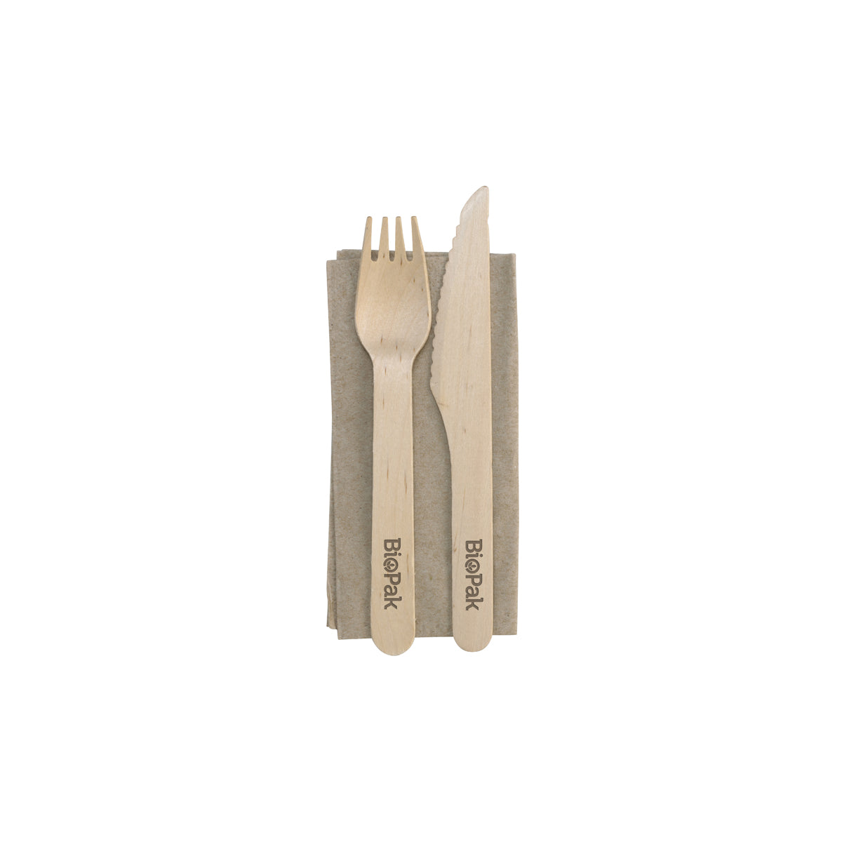 HY-16KFN BioPak FSC Wooden Fork, Knife & Napkin Set 160mm Native Wholesale Hospitality Supplies Canberra