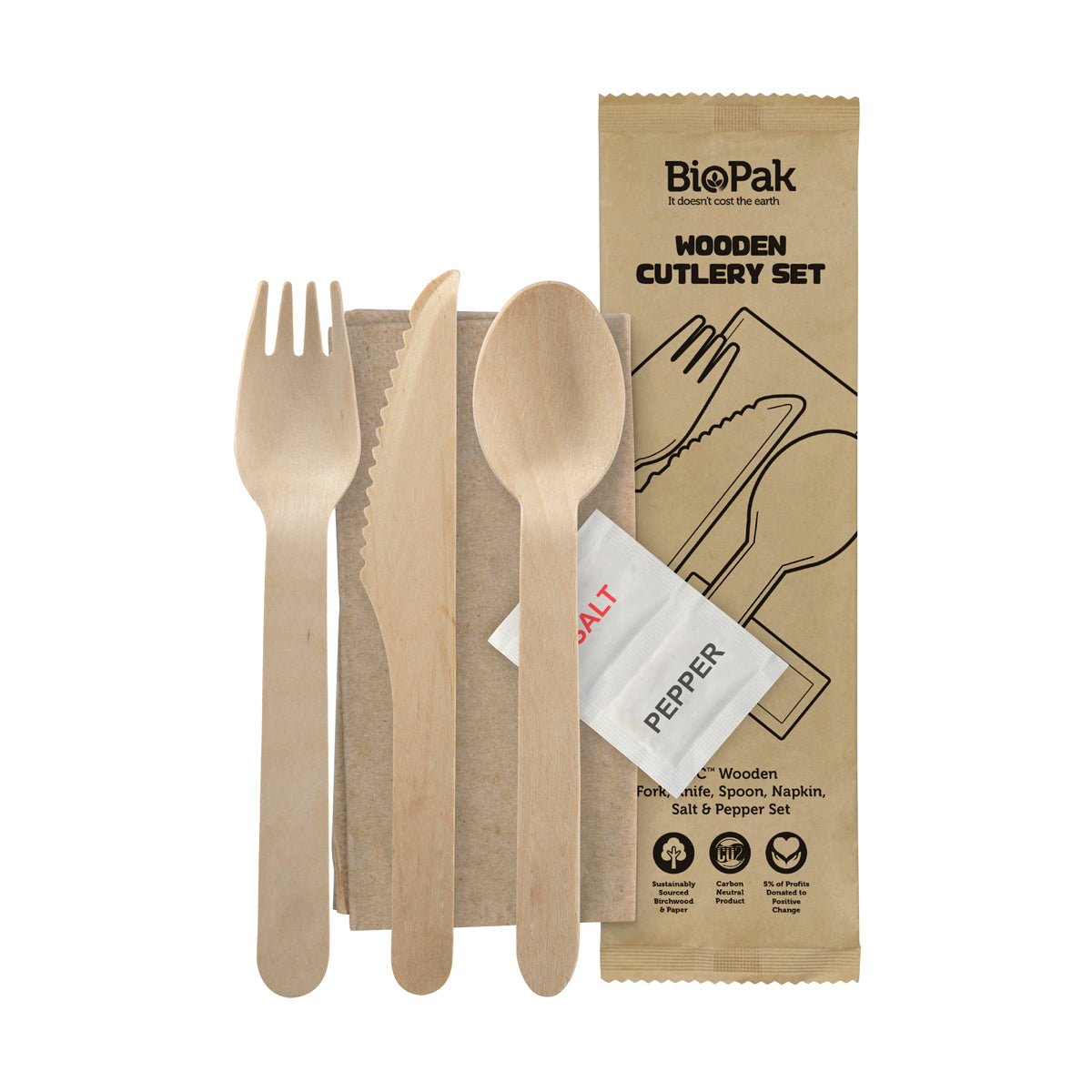 HY-16KFSNSP BioPak FSC Wooden Fork, Knife, Spoon, Napkin, Salt & Pepper Set 160mm Native Wholesale Hospitality Supplies Canberra
