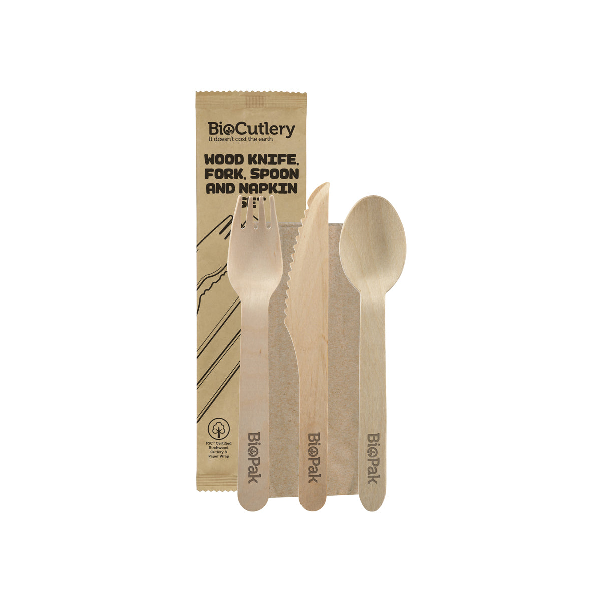 HY-16KFSN BioPak FSC Wooden Fork, Knife, Spoon & Napkin Set 160mm Native Wholesale Hospitality Supplies Canberra